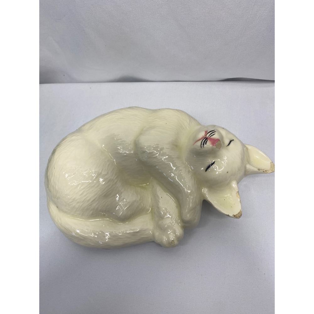Cute Cream Ceramic Sleeping Cat Figurine Adorable‎ Kitten Home Decor Accent